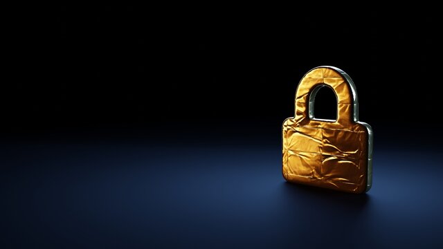 3d rendering symbol of lock wrapped in gold foil on dark blue background