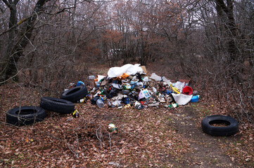 old tires and household rubbish in the forest