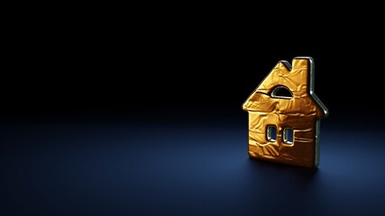 3d rendering symbol of house  wrapped in gold foil on dark blue background