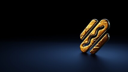 3d rendering symbol of hotdog wrapped in gold foil on dark blue background