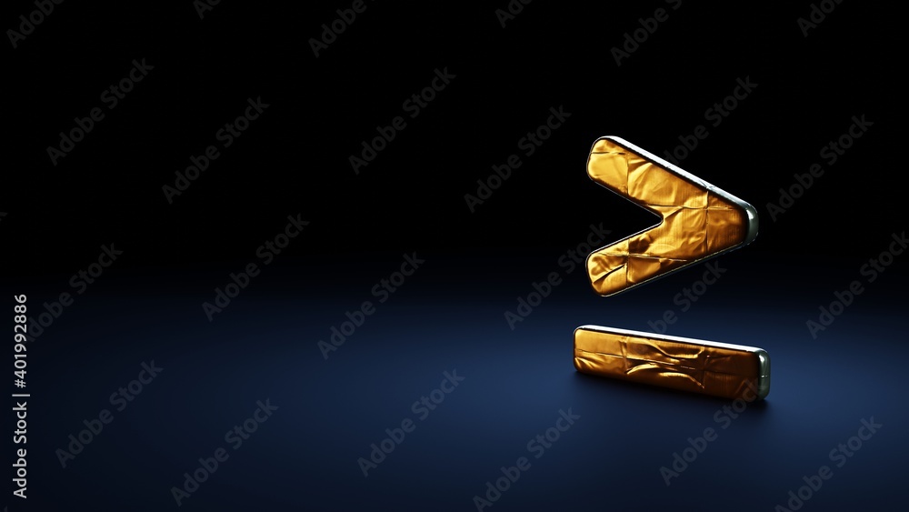 Poster 3d rendering symbol of greater than equal wrapped in gold foil on dark blue background