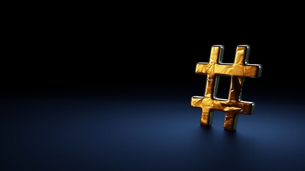 3d rendering symbol of hashtag wrapped in gold foil on dark blue background