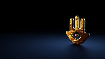 3d rendering symbol of hamsa wrapped in gold foil on dark blue background
