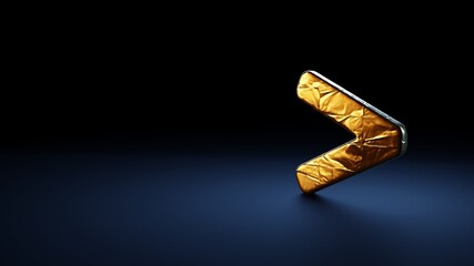 3d rendering symbol of greater than wrapped in gold foil on dark blue background