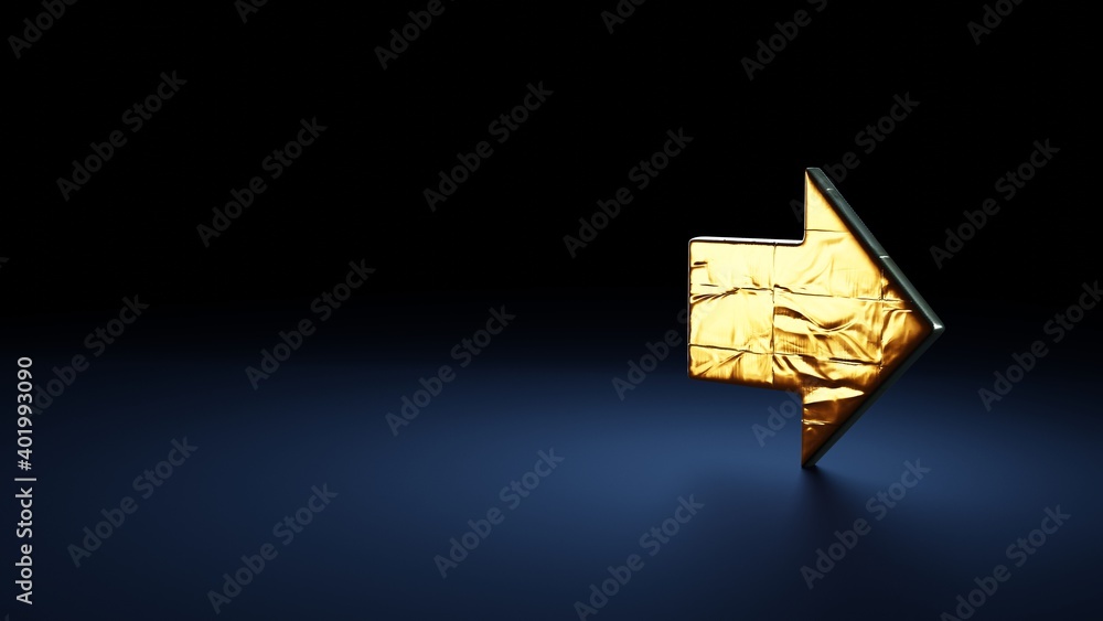Poster 3d rendering symbol of forward right arrow button wrapped in gold foil on dark blue background