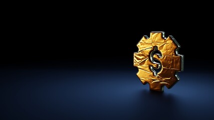 3d rendering symbol of gear wrapped in gold foil on dark blue background