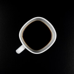 white Cup of coffee in top view on black back