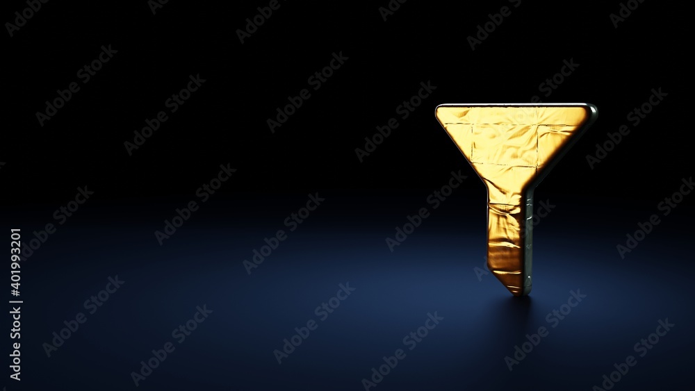 Poster 3d rendering symbol of filter wrapped in gold foil on dark blue background