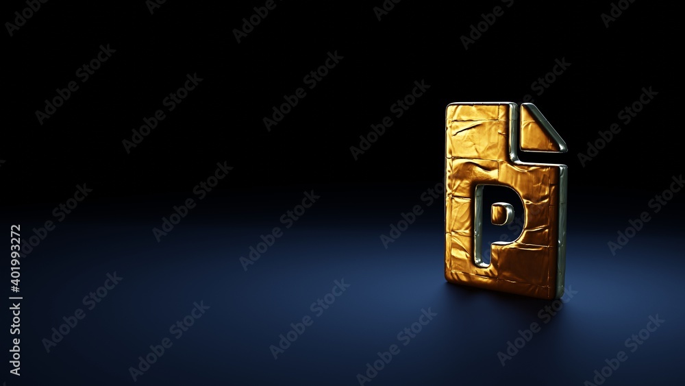 Poster 3d rendering symbol of file powerpoint wrapped in gold foil on dark blue background
