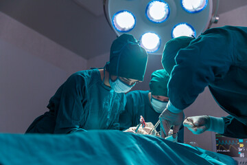 The surgeon team is working in the operating room. The surgeon is saving the patient's life.