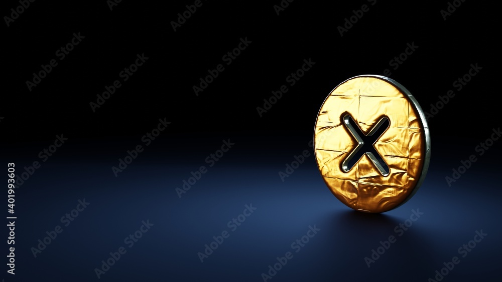 Poster 3d rendering symbol of error wrapped in gold foil on dark blue background