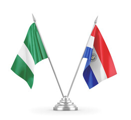 Paraguay and Nigeria table flags isolated on white 3D rendering