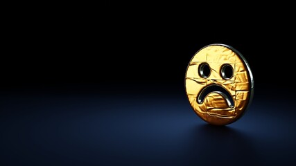 3d rendering symbol of emoticons sad  wrapped in gold foil on dark blue background