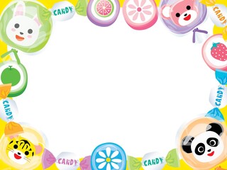 兎とパンダとトラと熊の動物キャンディーのフレームイラスト