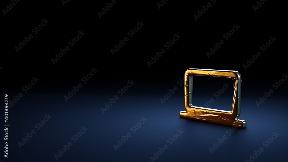 Poster 3d rendering symbol of computer wrapped in gold foil on dark blue background