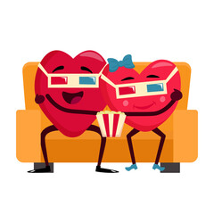 Cute cartoon hearts couple in cinema are watching a movie. Hearts in love for wedding or Valentines Day holiday greetings and invitations. Vector illustration.