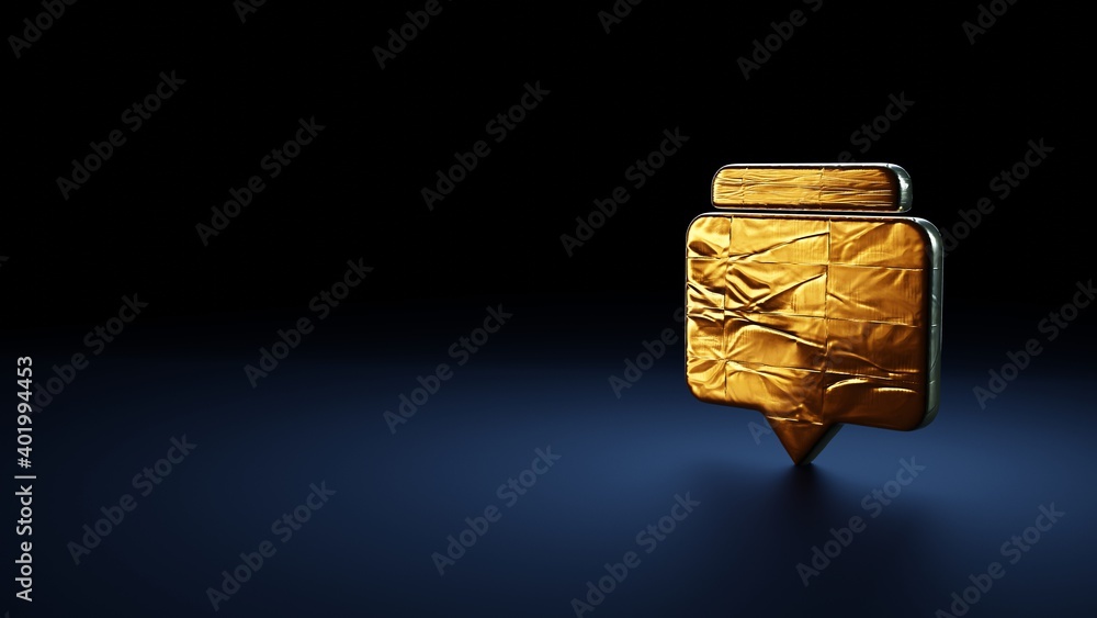 Poster 3d rendering symbol of rectangular chat bubbles wrapped in gold foil on dark blue background