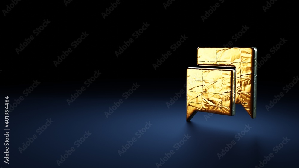 Poster 3d rendering symbol of rectangular chat bubbles wrapped in gold foil on dark blue background
