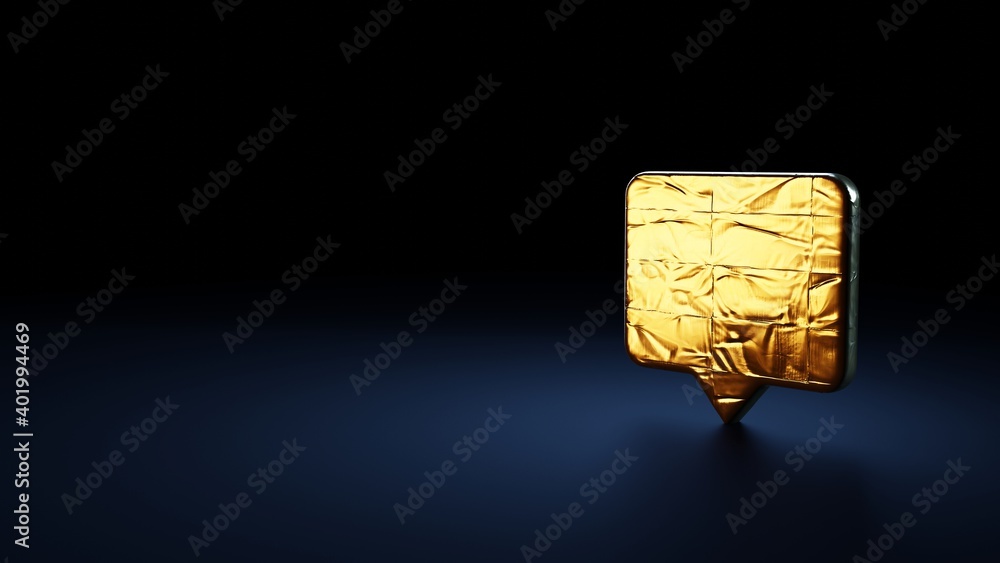 Poster 3d rendering symbol of rectangular chat bubble wrapped in gold foil on dark blue background