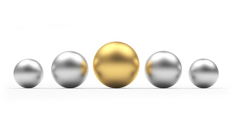 Silver and one gold spheres are sized on white. 3d illustration