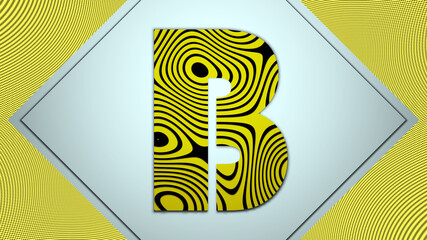 Buchstabe - A - schwarzes Wellenmuster vor gelbem Hintergrund, weiße Rechtecke 45° gedreht in weiß, Hintergrund gelb mit feinen, schwarzen Linien	￼