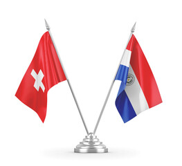 Paraguay and Switzerland table flags isolated on white 3D rendering