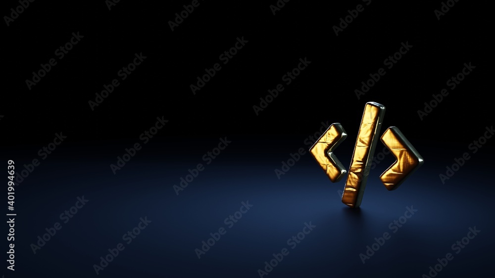 Poster 3d rendering symbol of code tag wrapped in gold foil on dark blue background
