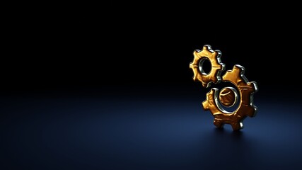 3d rendering symbol of cogwheel wrapped in gold foil on dark blue background