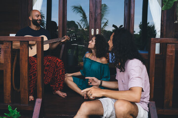 Happy diverse friends spending time together