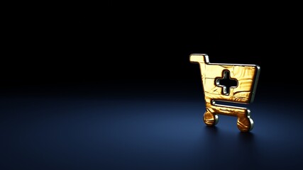 3d rendering symbol of cart plus wrapped in gold foil on dark blue background