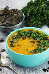 A bowl with home-made pumpkin soup