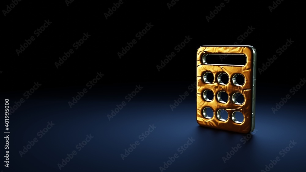 Poster 3d rendering symbol of calculator wrapped in gold foil on dark blue background