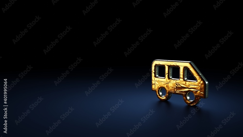 Poster 3d rendering symbol of side view of a bus wrapped in gold foil on dark blue background