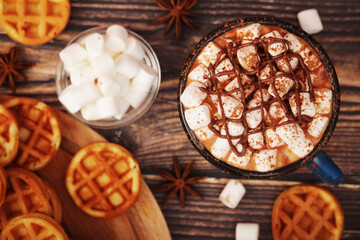 Fototapeta na wymiar A mug with hot chocolate with marshmallow