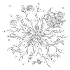 Mandala with fish and abstract sea plants. Hand drawn Coloring book for children and adults.