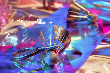 Holographic rainbow iridescent fabrics surface and objects from the 90s shuttlecock, racket,...