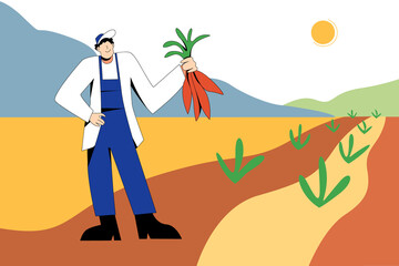 A character in overalls stands in a garden bed with a crop in his hand. A satisfied man with argon on crops in a white coat against the background of the sun and mountains.