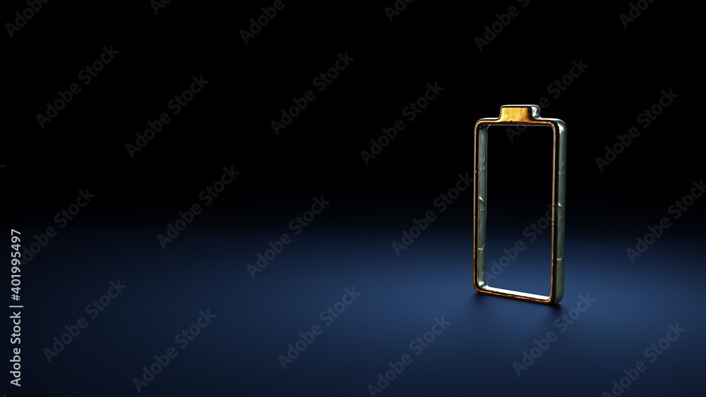 Poster 3d rendering vertical symbol of empty battery wrapped in gold foil on dark blue background