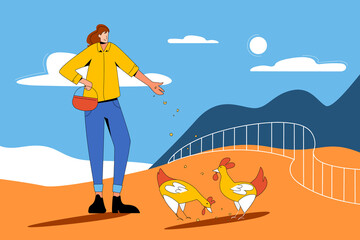 A young girl in a shirt feeds the chickens on the background of the sun and mountains. Modern flat design of farm animals behind the fence.