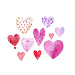 set with multicolored hearts, watercolor illustration hand painted on white background