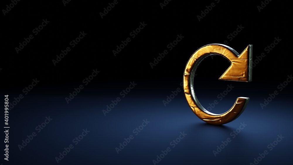 Poster 3d rendering symbol of refresh arrow wrapped in gold foil on dark blue background