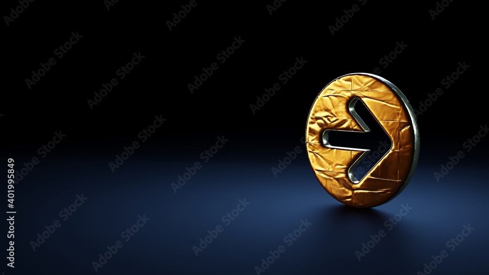Poster 3d rendering symbol of right arrow in circle wrapped in gold foil on dark blue background