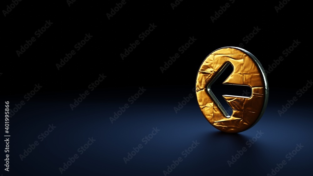 Poster 3d rendering symbol of left arrow in circle wrapped in gold foil on dark blue background