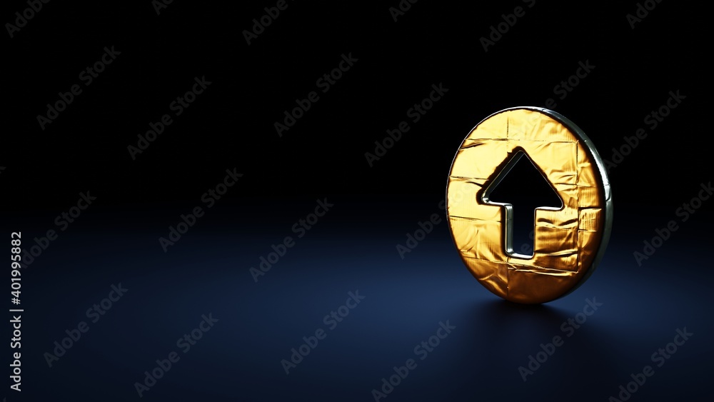 Poster 3d rendering symbol of up arrow in circle wrapped in gold foil on dark blue background
