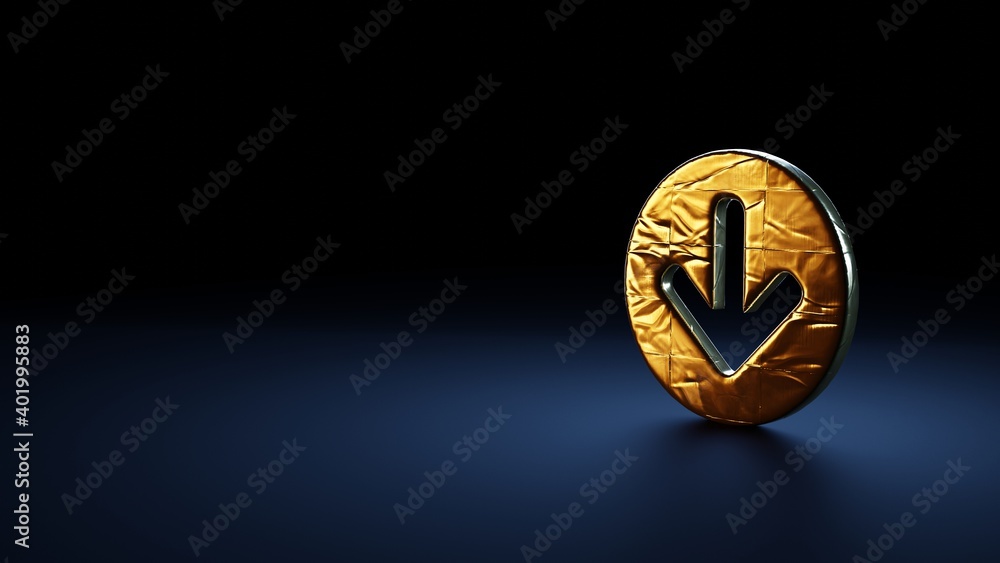 Poster 3d rendering symbol of down arrow in circle wrapped in gold foil on dark blue background