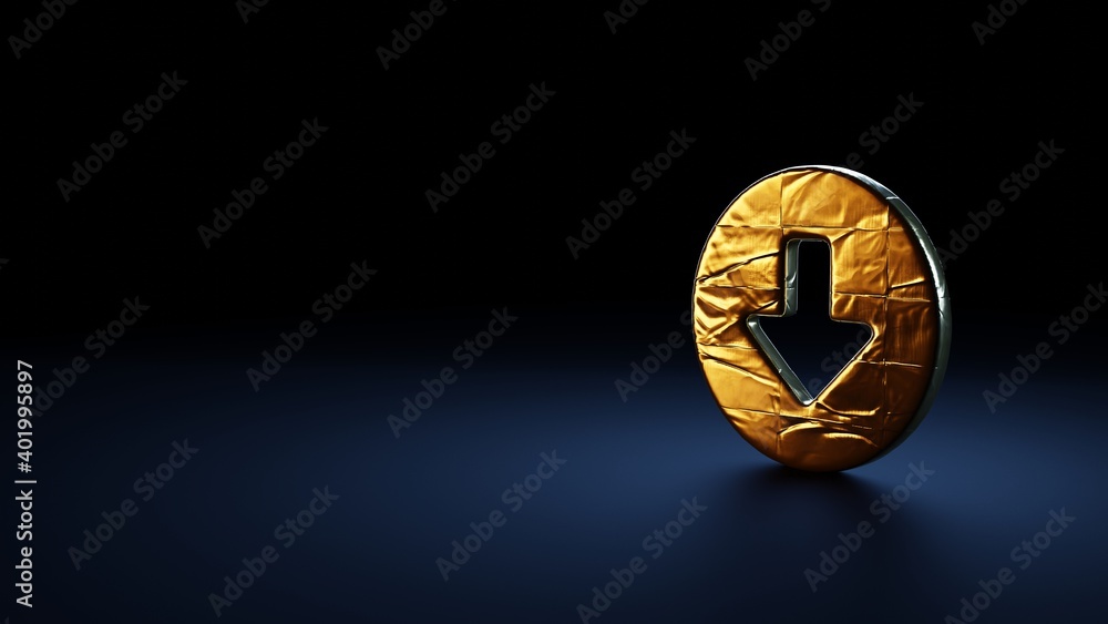 Poster 3d rendering symbol of down arrow in circle wrapped in gold foil on dark blue background