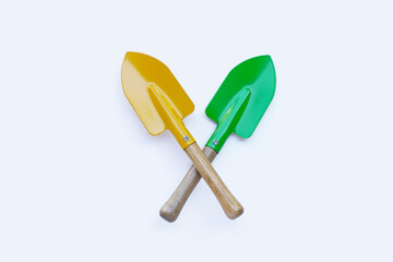Shovels for gardening on white background.