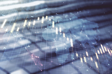 Multi exposure of virtual abstract financial chart hologram and world map on blurry metal background, research and analytics concept