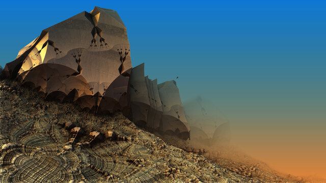 Abstract background, fantastic 3D gold structures, alien planet construction, render illustration