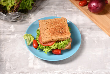 Juicy sandwich with mayo, green salad, tomatoes and ham.